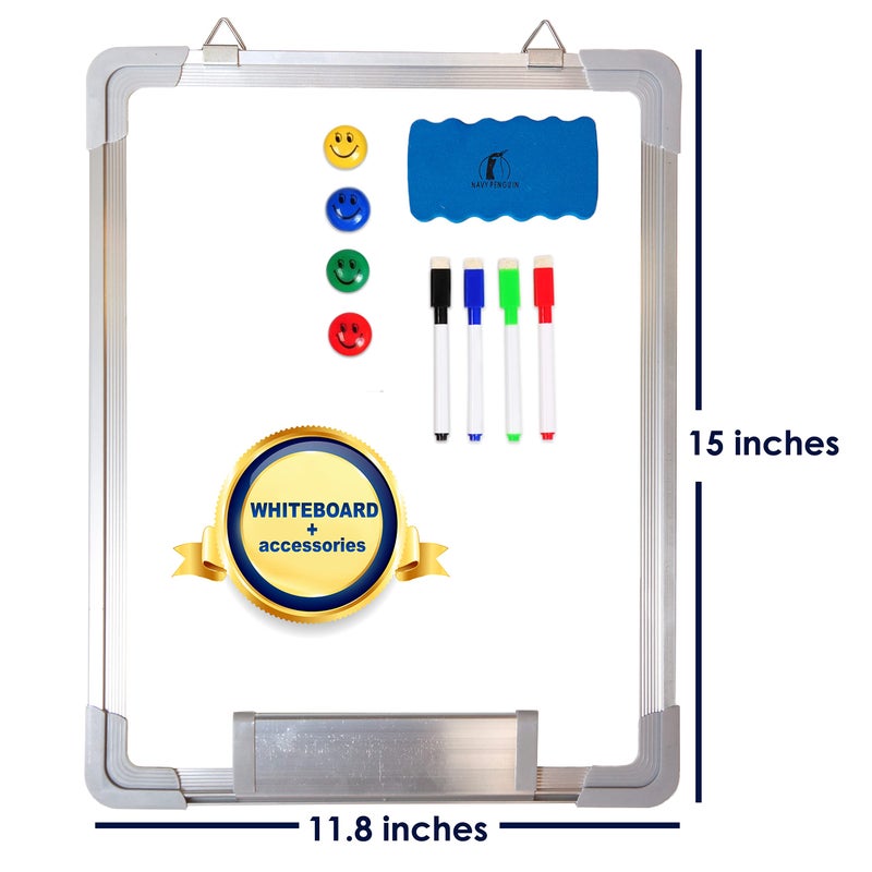 Navy Penguin Whiteboard Set - 12 x 15 in Dry Erase Board with 1 Magnetic Dry Eraser, 4 Dry Wipe Markers and 4 Magnets - Small White Board Wall Hanging Marker Board for Home and Office (12x15) - Image 2